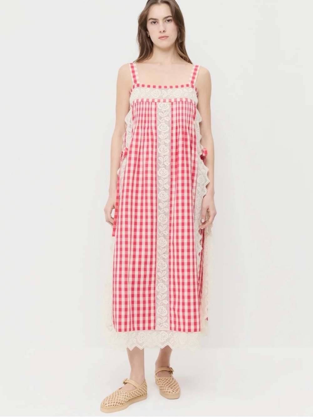 NWT Loeffler Randall Poppy Gingham Lace-Trim Midi Dress - Picture 1 of 7